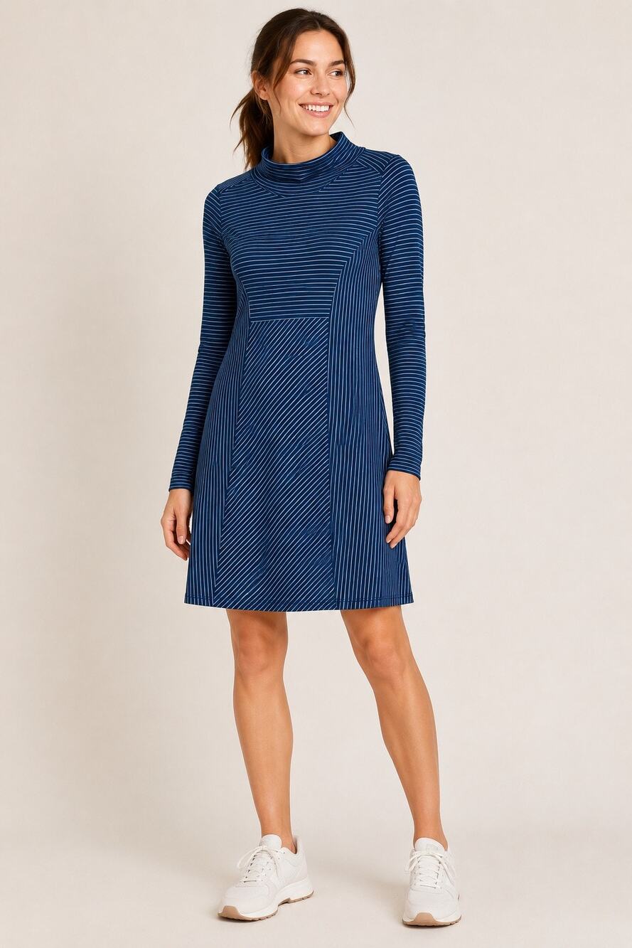 Prana Blue Striped Long Sleeve Dress Mock Neck Casual Small